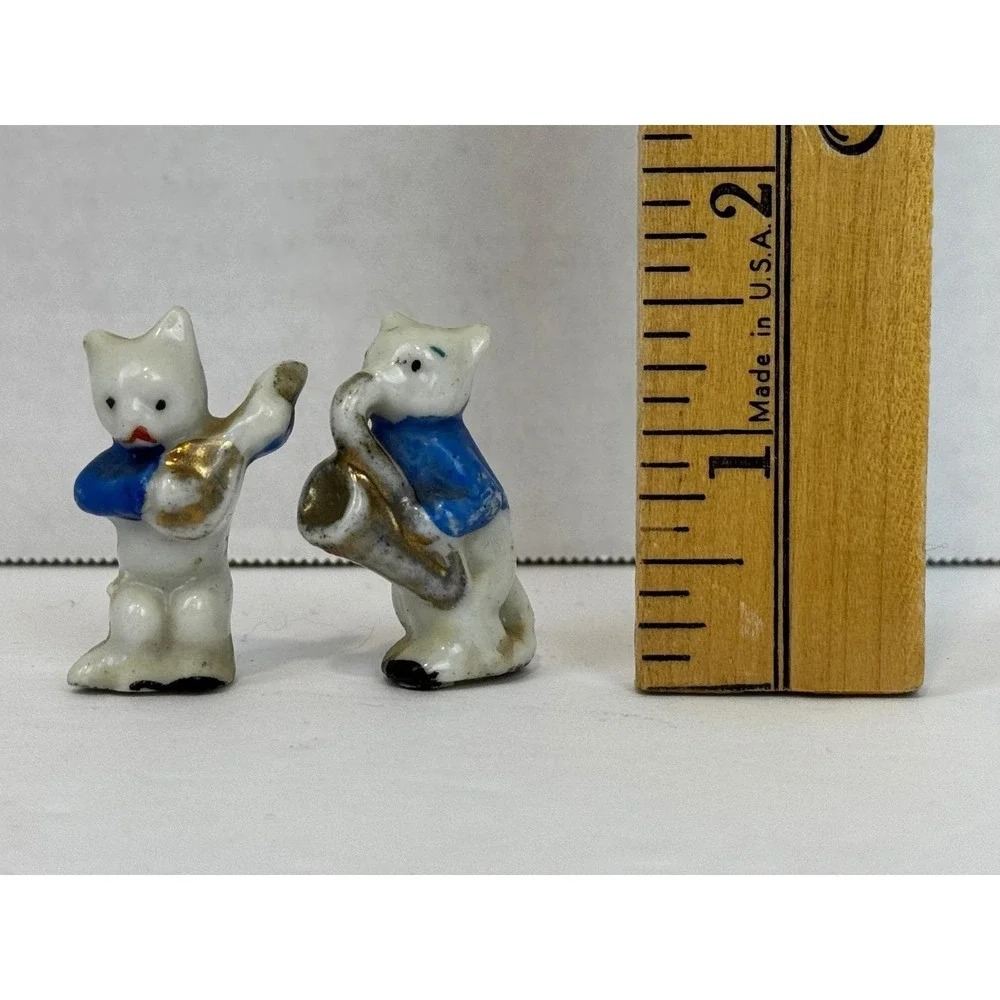 Vintage Miniature Porcelain Cats Playing Saxophone and Flute Made in Japan Set 2